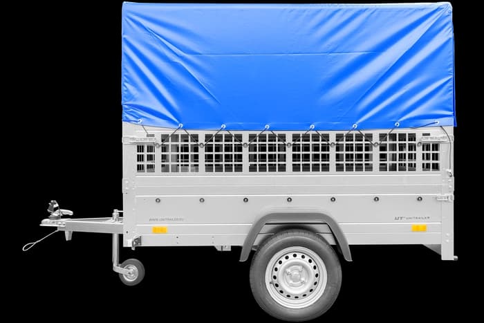 Przyczepka samochodowa 200×125 Unitrailer Garden 201 KIPP z burtami siatkowymi, stelażem H-800 i plandeką szarą-Nowy