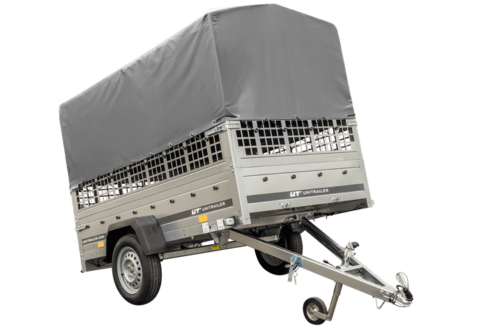 Przyczepka samochodowa 230×125 Unitrailer Garden 230 KIPP z burtami siatkowymi, stelażem H-800 i pokrowcem szarym-Nowy
