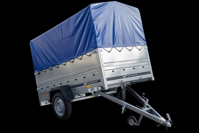 Przyczepka lekka 230×125 Unitrailer Garden 230 KIPP z burtami BIS, stelażem H-800 i pokrowcem niebieskim-Nowy