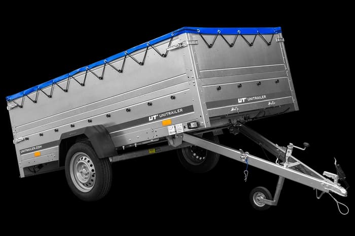 Przyczepka jednoosiowa 264×125 Unitrailer Garden 264 KIPP z burtami BIS i plandeką niebieską-Nowy
