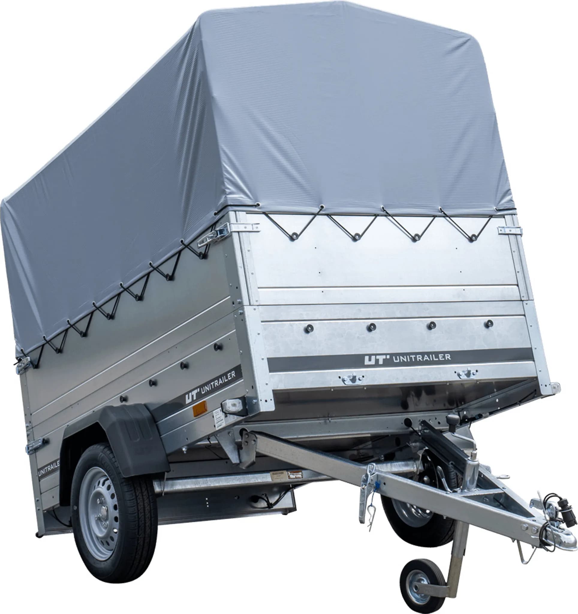 Przyczepka samochodowa 200×125 Unitrailer Garden 201 KIPP z burtami BIS, stelażem H-800 i pokrowcem szarym-Nowy