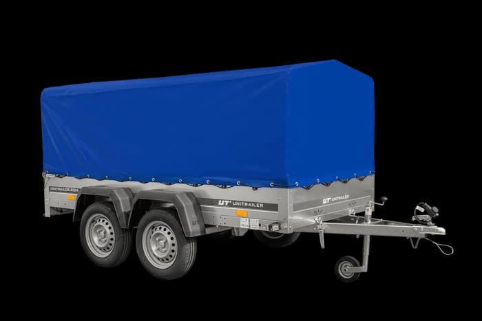 Przyczepka dwuosiowa 264×125 Unitrailer Garden 264/2 KIPP ze stelażem H-800 i pokrowcem niebieskim-Nowy