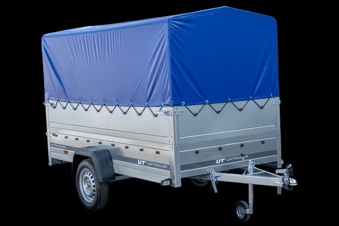 Przyczepka samochodowa 264×125 Unitrailer Garden 264 KIPP z burtami BIS, stelażem H-800 i pokrowcem niebieskim-Nowy