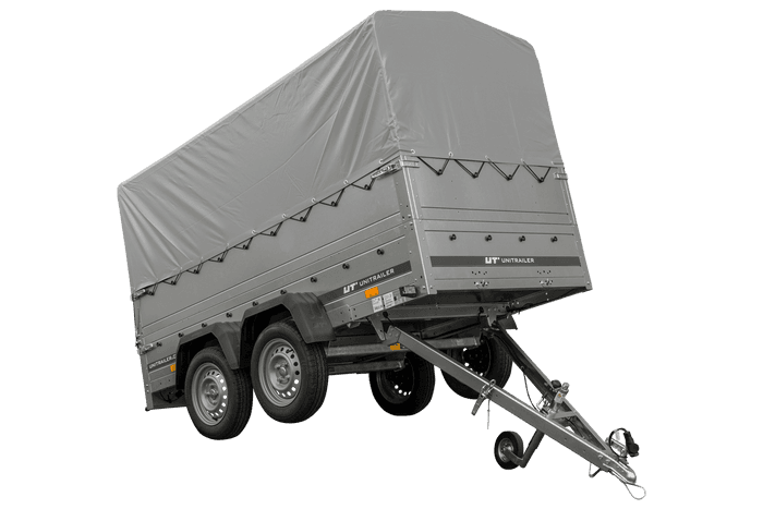 Przyczepka dwuosiowa 264×125 Unitrailer Garden 264/2 KIPP z burtami BIS, stelażem H-800 i pokrowcem szarym-Nowy