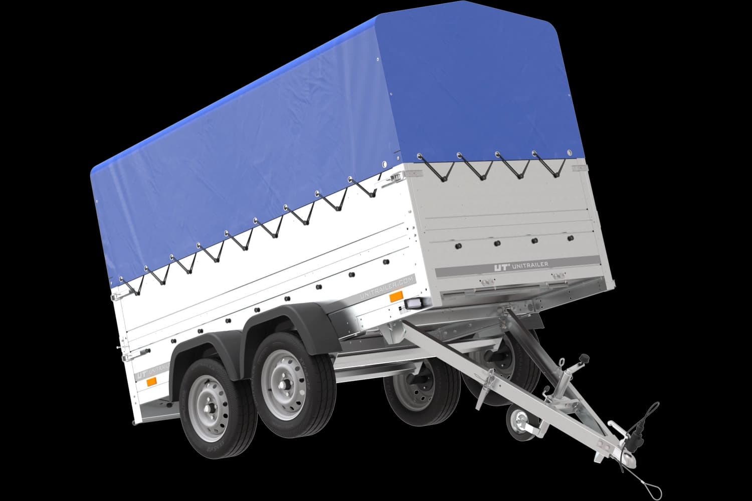 Przyczepka dwuosiowa 264×125 UNITRAILER GARDEN 264/2 KIPP z burtami BIS, stelażem H-800 i pokrowcem niebieskim-Nowy