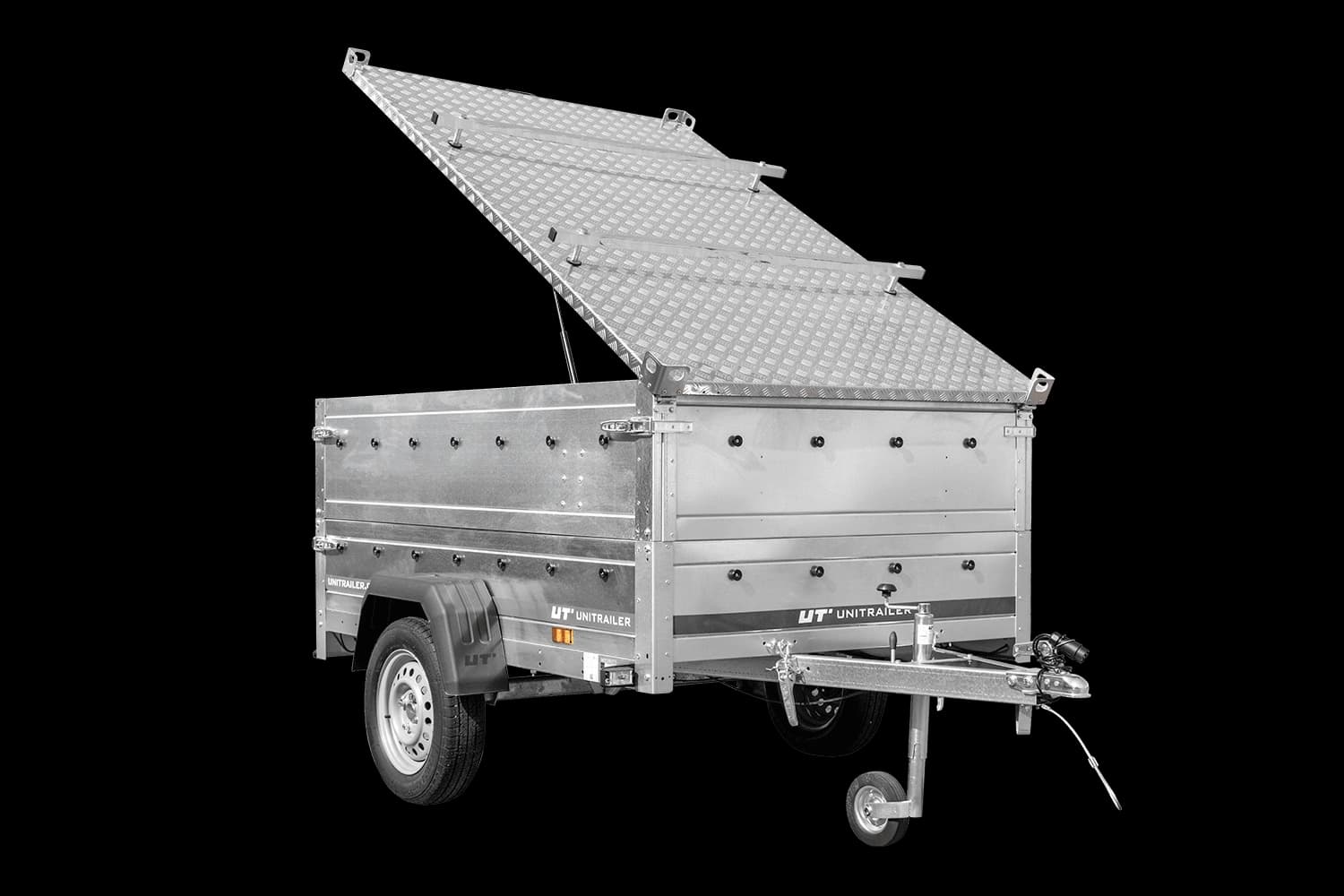 Przyczepka lekka 200×125 Unitrailer Garden 201 KIPP z burtami BIS i pokrywą aluminiową-Nowy