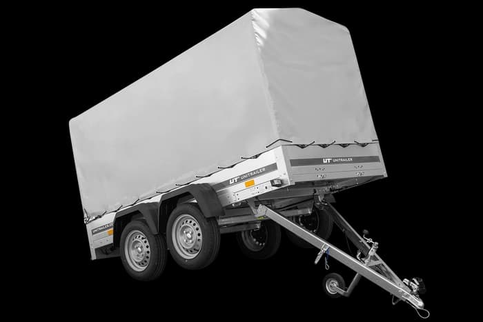 Przyczepka dwuosiowa 264×125 Unitrailer Garden 264/2 KIPP ze stelażem H-1100 i plandeką szarą-Nowy