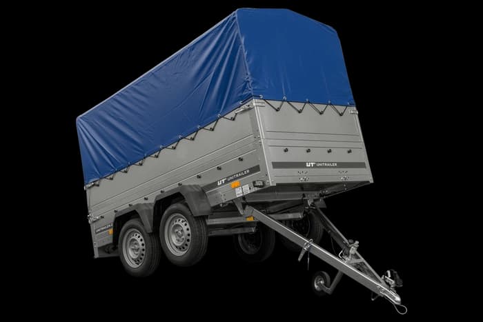 Przyczepka dwuosiowa 264×125 Unitrailer Garden 264/2 KIPP z burtami BIS, stelażem H-0 i pokrowcem niebieskim-Nowy