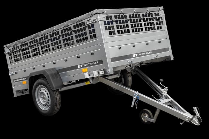 Przyczepka samochodowa 230×125 Unitrailer Garden 230 KIPP z burtami siatkowymi i pokrowcem szarym-Nowy