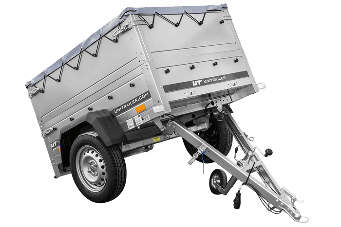 Przyczepka lekka 150×106 Unitrailer Garden 150 KIPP z burtami BIS i plandeką szarą-Nowy