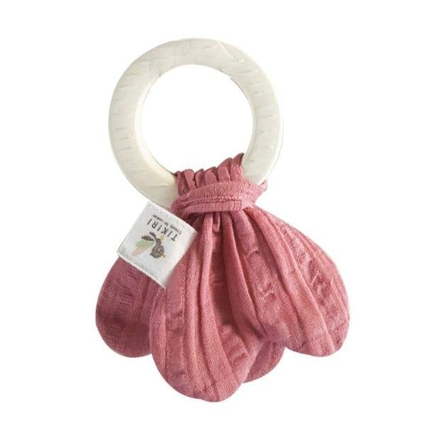 Hochet Teether Anneau de dentition Coton bio Vieux Rose & Caoutchouc