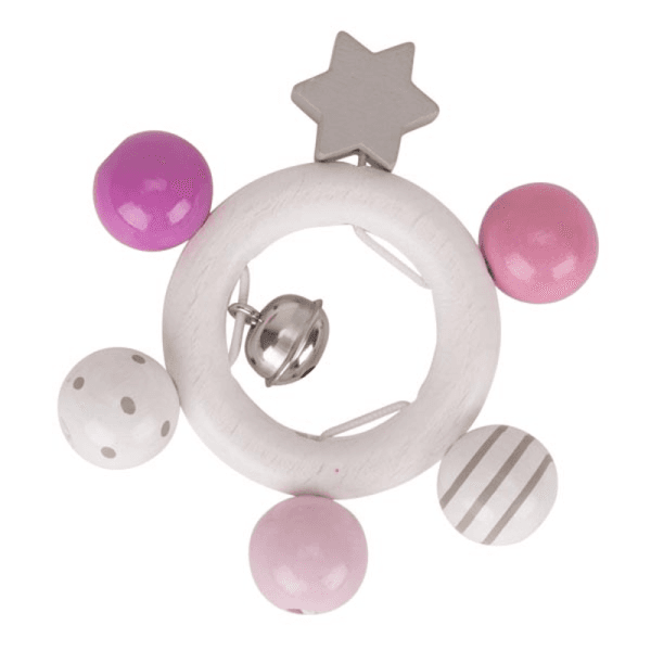 Hochet Anneau de bois Grelot & Etoile Heimess® Rose Gris Blanc -