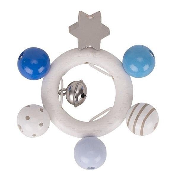 Hochet Anneau de bois Grelot & Etoile Heimess® Bleu Gris Blanc -