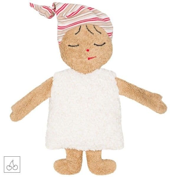Poupée Bouillotte Cerises Tissu Éponge & Robe Blanche Bonnet rayé 2