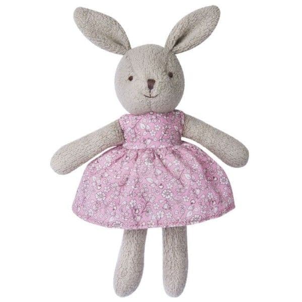 Doudou peluche coton bio lapine grise 26cm robe rose fleurie Apple