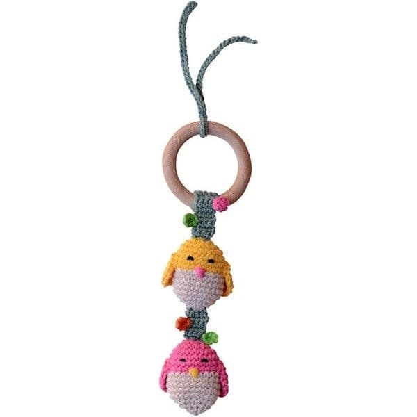 Hochet en crochet Coton Bio pour poussette Poussin Rose-Jaune aPunt