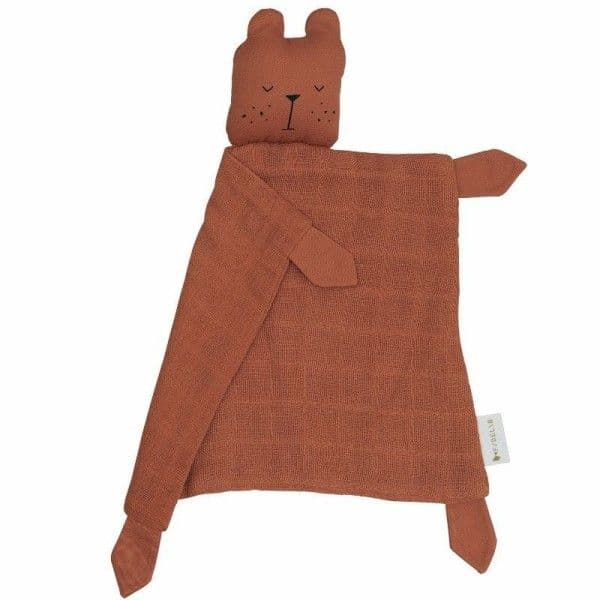 Doudou bio Plat Carré Ours Cannelle Fabelab® Mousseline Coton GOTS -