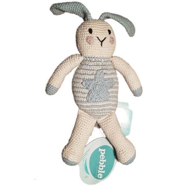 Doudou Lapin Bleu Star 28cm Pebble® Maille Crochet Coton Bio -