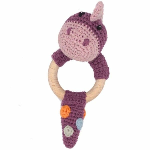 Hochet Anneau de dentition bois Dinosaure Violet 14cm Pebble® Maille