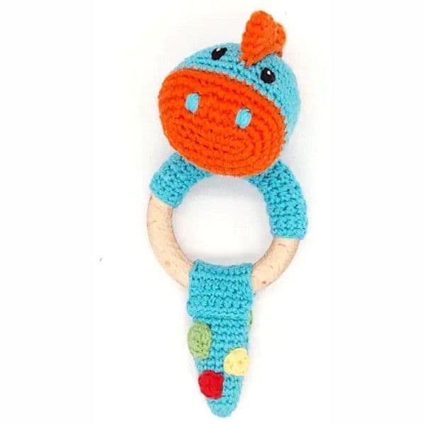 Hochet Anneau de dentition bois Dinosaure Turquoise 14cm Pebble®