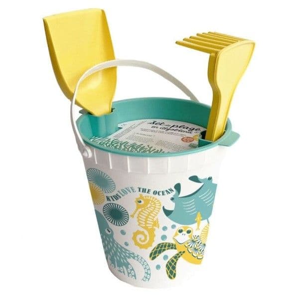 Set de Plage Seau, Râteau, Tamis, Pelle Jaune Ocean en Algoblend