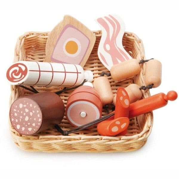 Jouet Dinette Marchande en bois Panier osier Charcuterie Tender