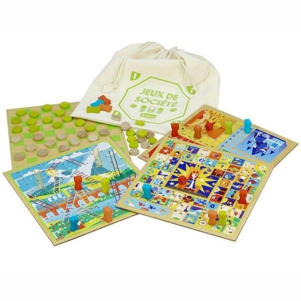 Jeux de société 4 plateaux en bois Jeu de dame, Petits chevaux, Oie,