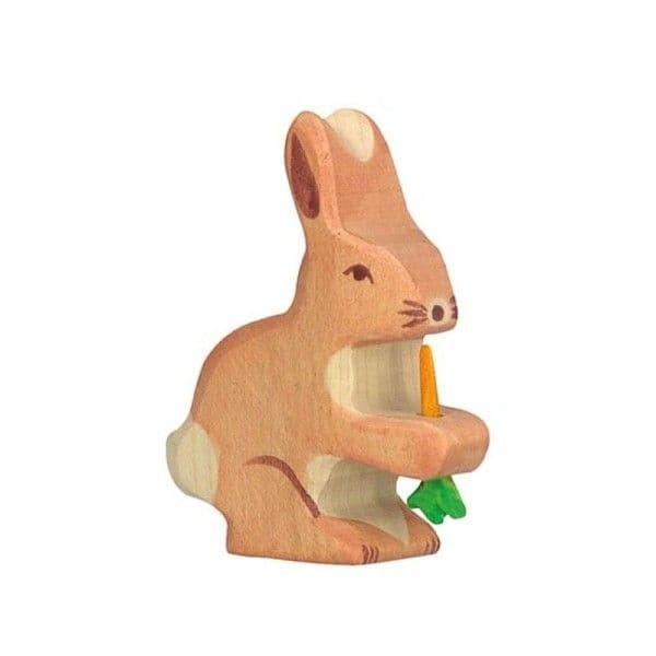 Figurine en bois Animaux de la ferme le lapin et sa carotte 6cm