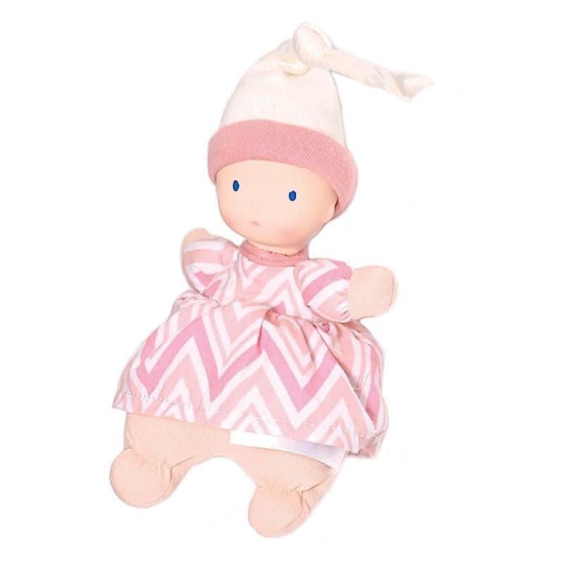 Poupée en tissu premier âge Rose chevrons 22 cm tête caoutchouc na
