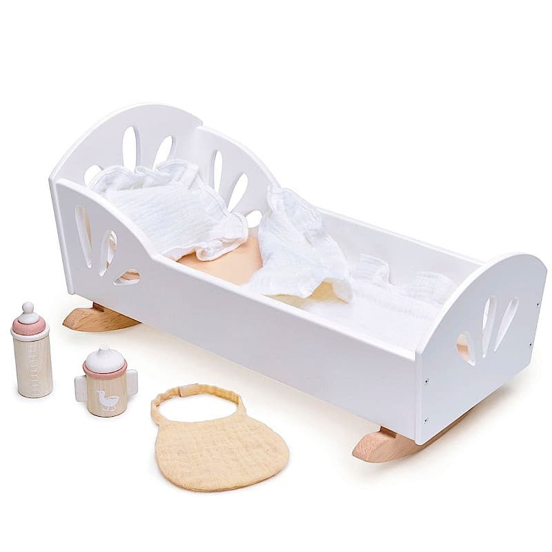 Accessoires de Poupée Lit bébé berceau en bois Petit cygne Tender Le