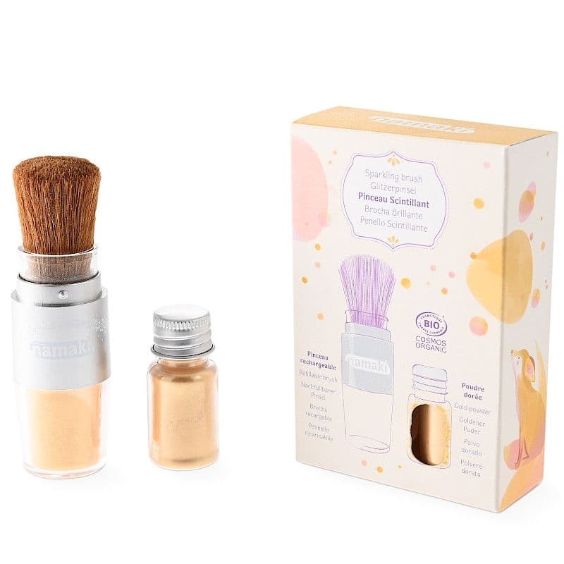 Poudre maquillage enfant scintillante dorée et son pinceau magique