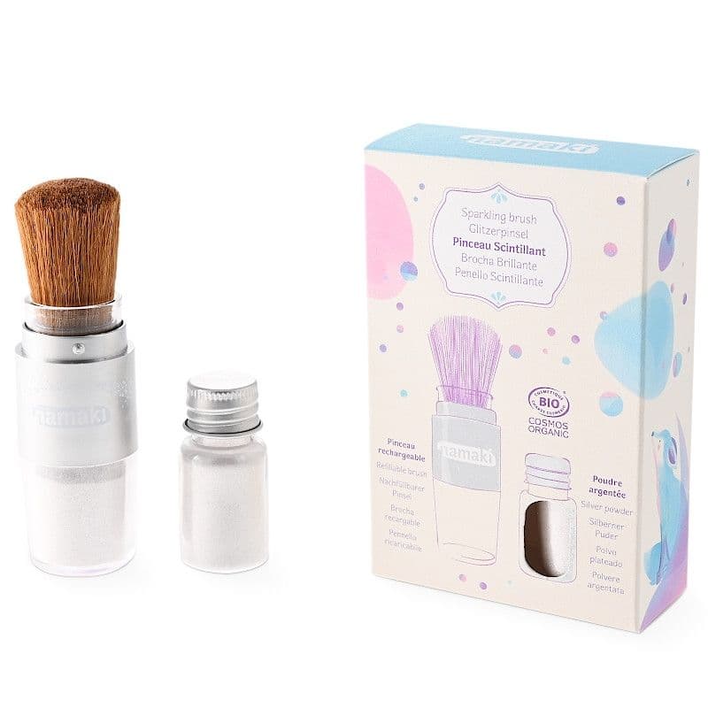 Poudre maquillage enfant scintillante Argentée et son pinceau