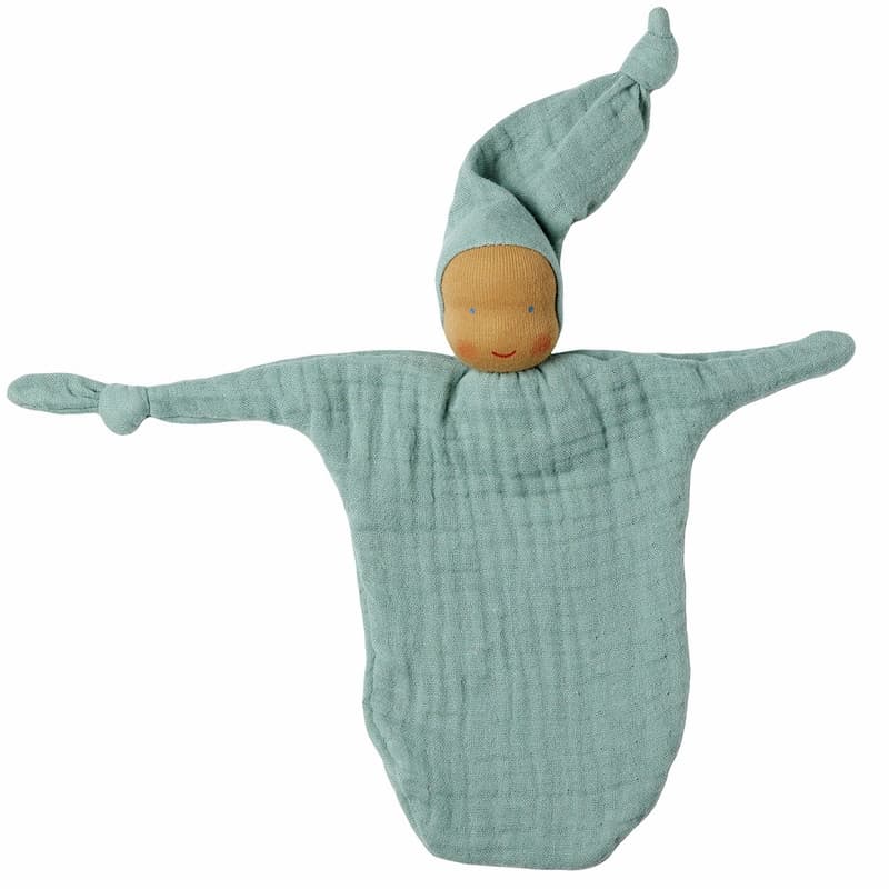 Poupon Waldorf métisse Lange de coton bio et Laine Bleu turquoise