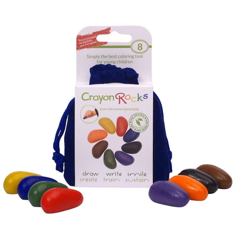 Sachet bleu 8 Cailloux Cire Naturelle couleurs primaires Crayon Rocks®