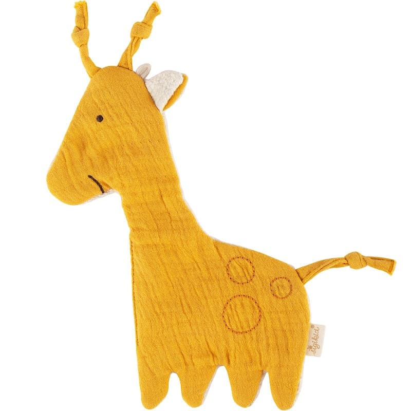 Doudou naissance Girafe bruissante Lange de Coton Jaune Ocre et