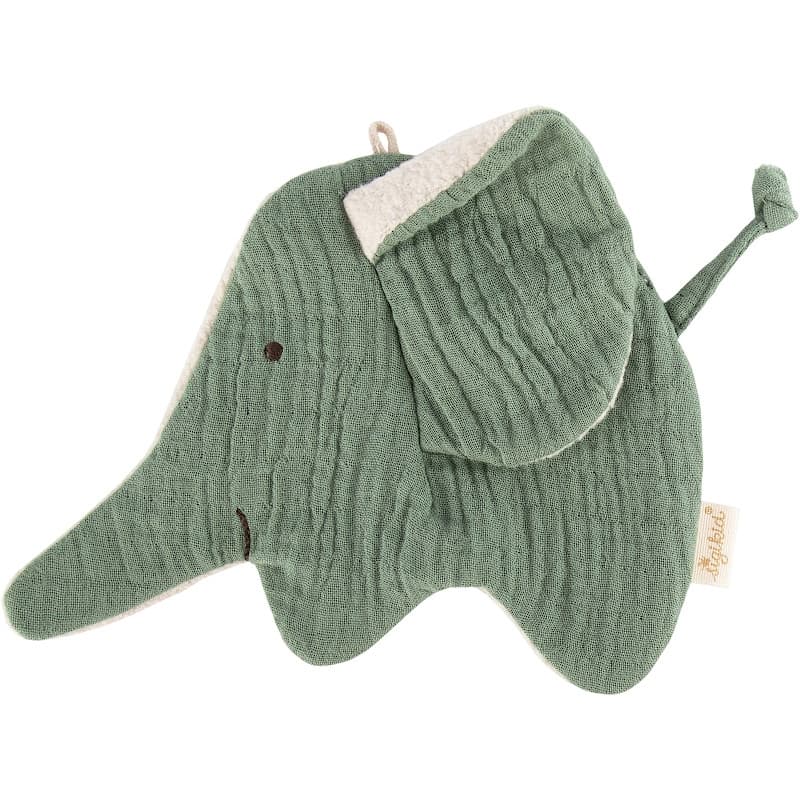 Doudou naissance éléphant bruissant lange de coton vert et Velours S