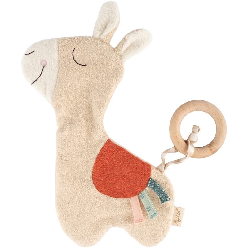 Doudou d'éveil papier bruissant et anneau de bois Lama Velours