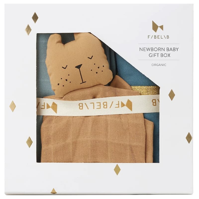 Coffret Cadeau de naissance Doudou Ours Caramel & langes bleus