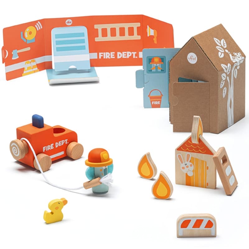 Ensemble Seviland bois & carton Caserne des pompiers 10 pièces Sevi