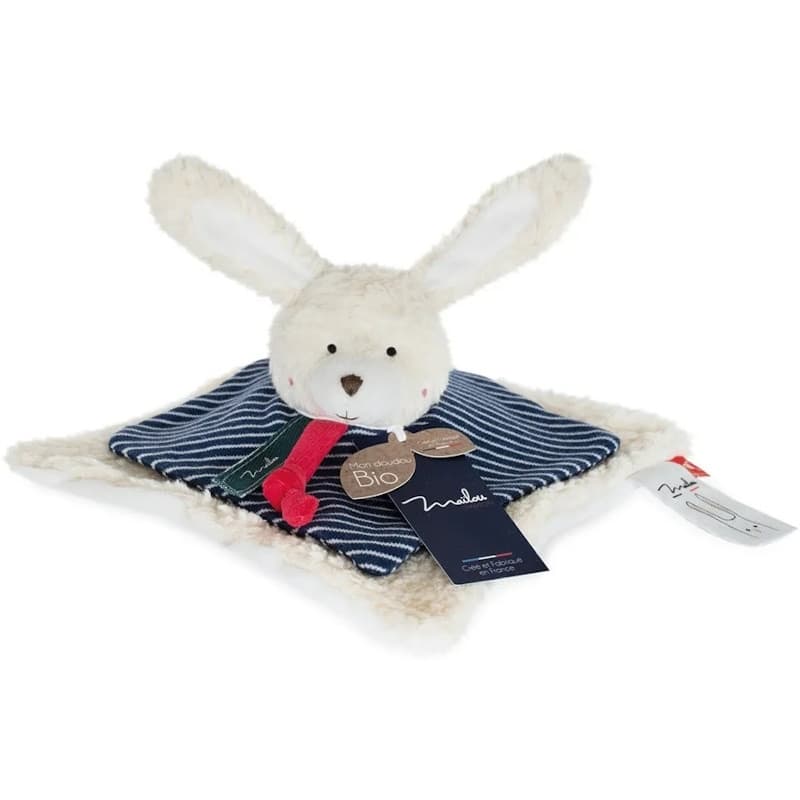 Doudou plat carré Lapin blanc 25 cm Maïlou Tradition® coton bio fait
