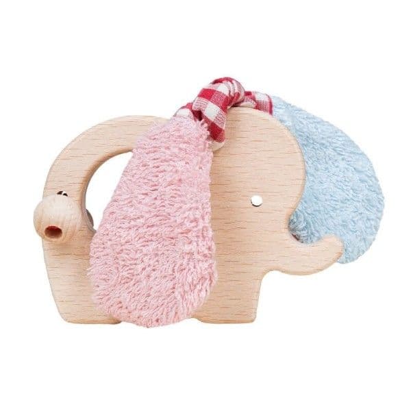 Hochet Bois & Coton Bio Anneau de dentition éléphant Rose/Bleu/ V
