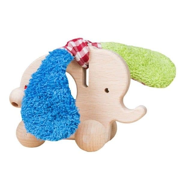 Hochet Bois & Coton Bio Anneau de dentition éléphant vert/bleu Efie®