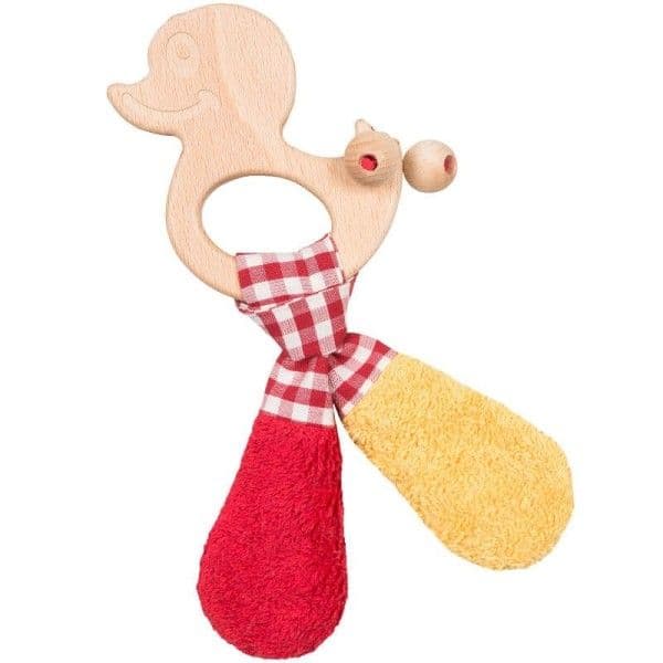 Hochet Bois & Coton Bio Anneau de dentition Canard Jaune / Rouge /