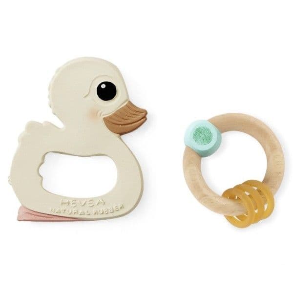 Coffret Hévéa Duo Hochets Anneaux de Dentition Bois Finger Print & C