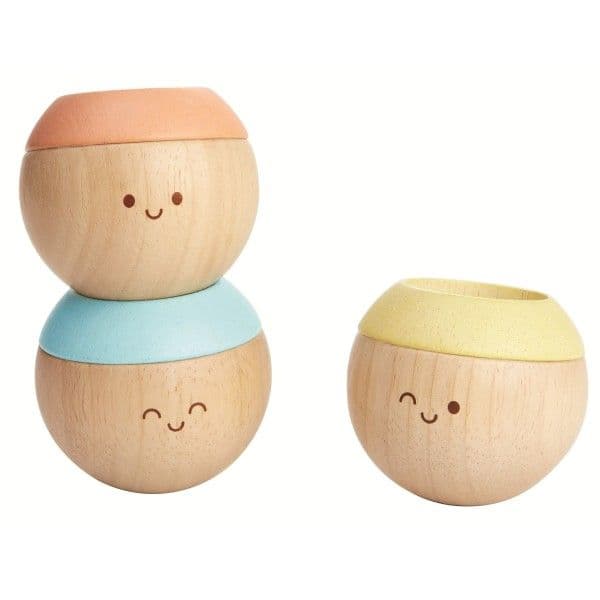 Set 3 Hochets Bois Têtes Sensorielles Pastelles Plantoys® - Jouet en