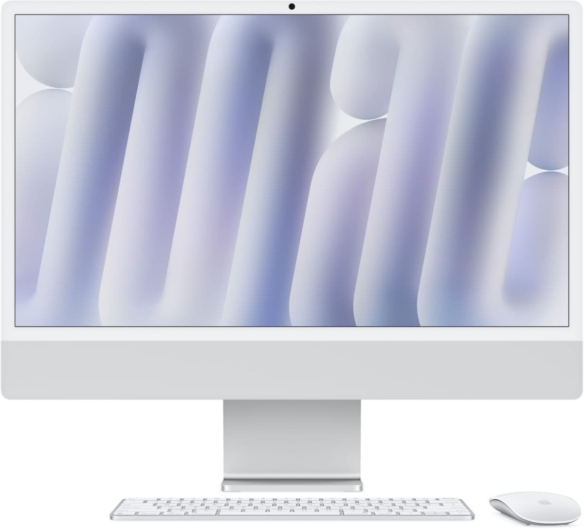 Apple iMac de 24″ con pantalla Retina 4.5K, chip M4, CPU de 10 núcleos / GPU de 10 núcleos, 24 GB de RAM, SSD de 512 GB, color plata.