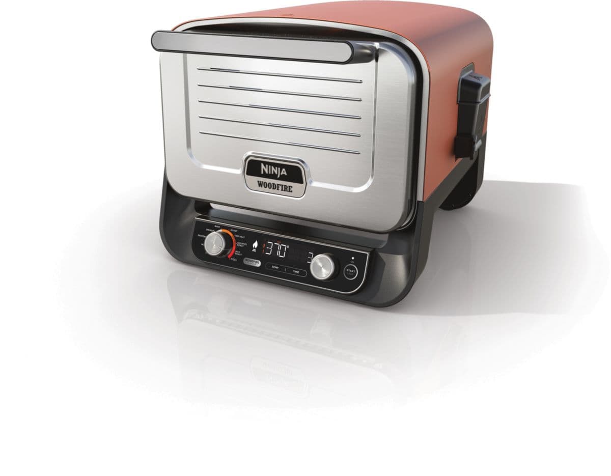 Horno eléctrico para pizza NINJA Woodfire OO101EU de acero inoxidable naranja, 1 pizza de 30 cm, 15 min de precalentamiento, hasta 370 °C.