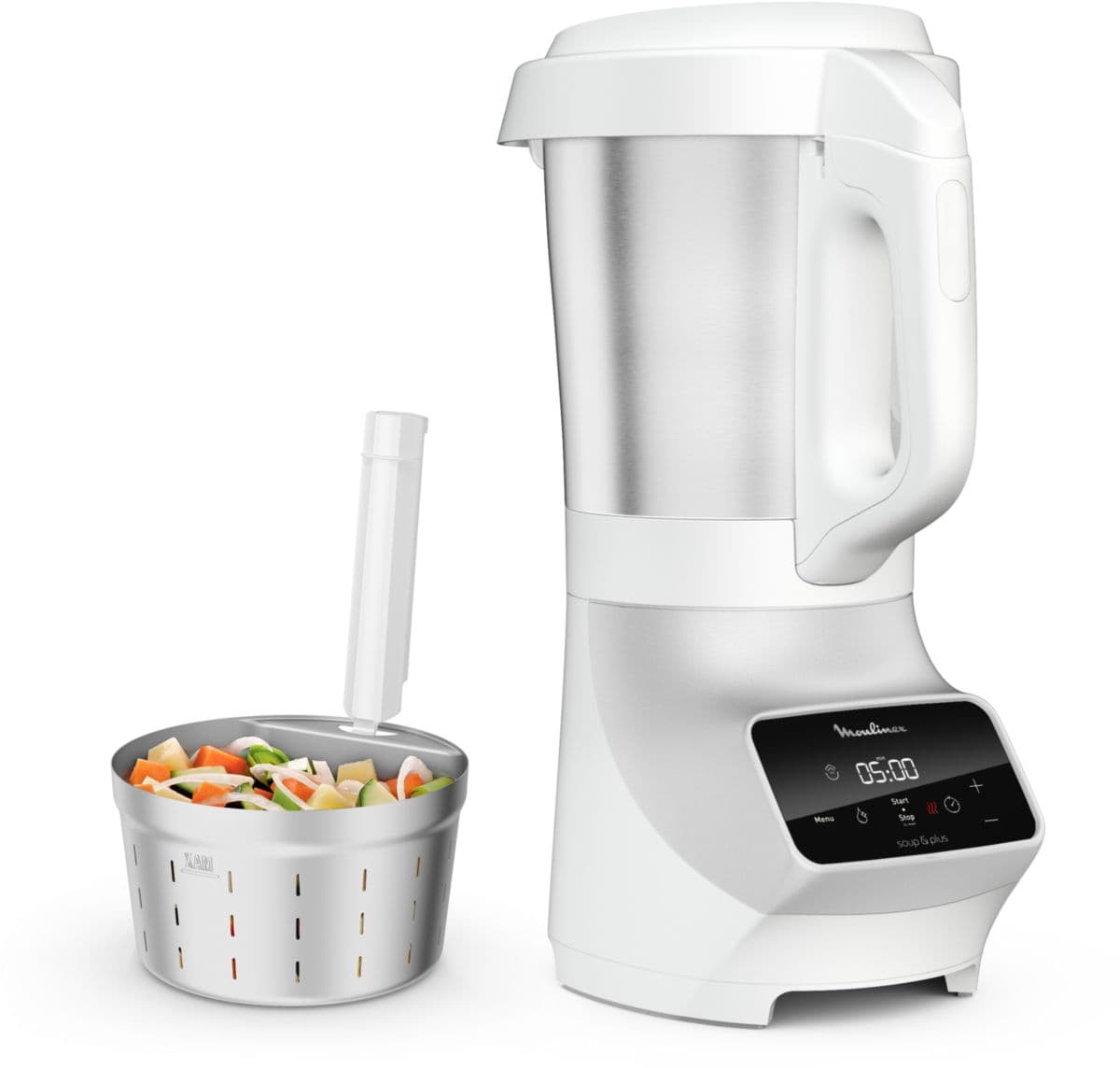 Batidora con calefacción y recipiente para vapor MOULINEX SOUP & PLUS LM926B00, color blanco, 2 litros.
