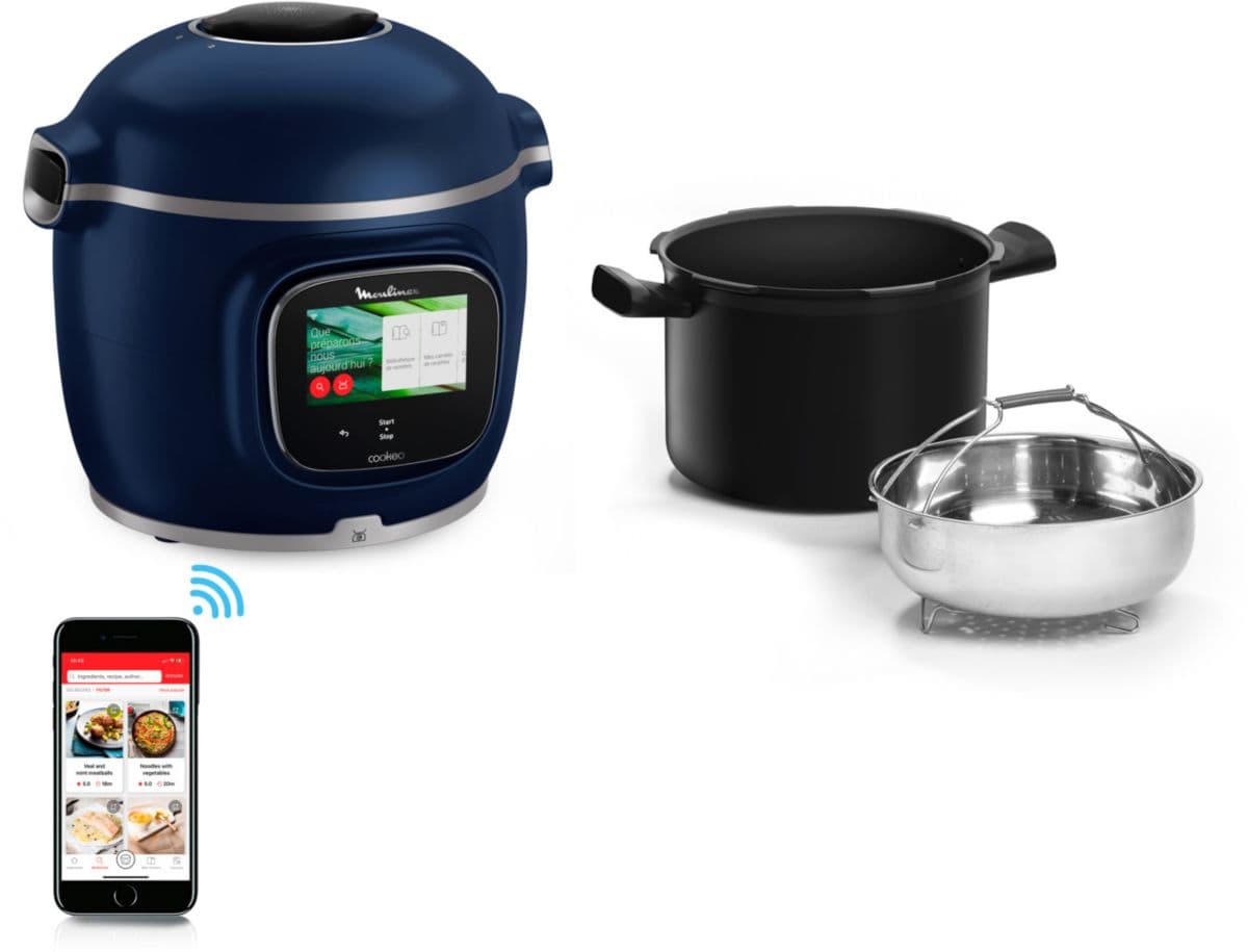 Cookeo MOULINEX CE943410, pantalla táctil azul, wifi pro con báscula integrada, capacidad de 6 litros, 13 modos de cocción, 250 recetas.