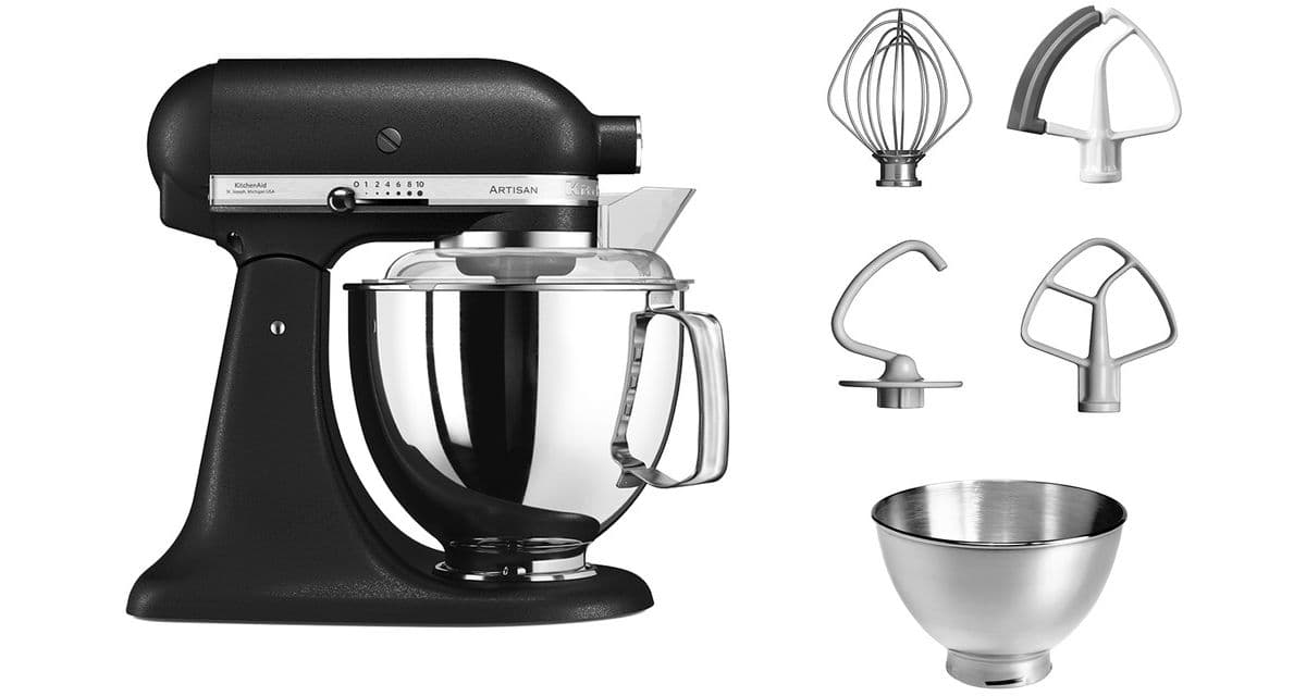 Batidora de pie KitchenAid 5KSM175PSEBK Artisan Black Truffle, 4,8 L, bol con asa + bol de 3 L, batidor flexible y tapa.